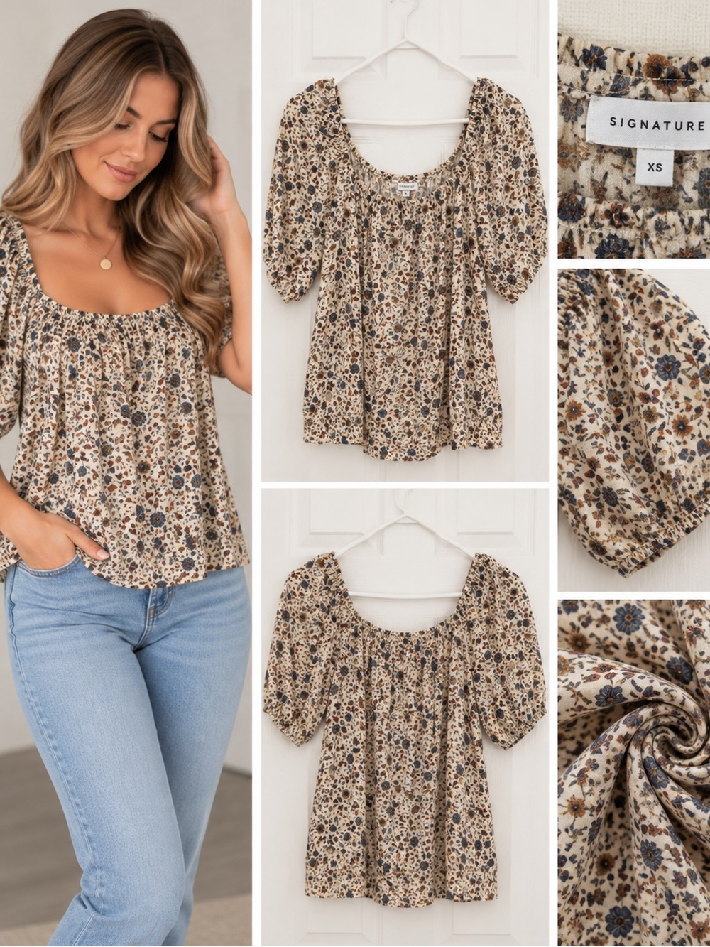 Signature Floral Scoop-Neck Peasant Top in Beige and Navy